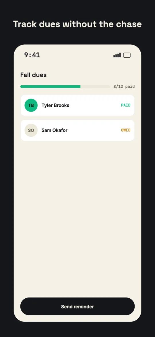 Dues tracking screen showing a paid-versus-owed bar and a per-player paid/owed list.