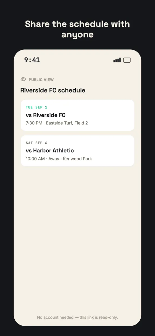 Read-only public schedule page listing upcoming games, viewable without an account.