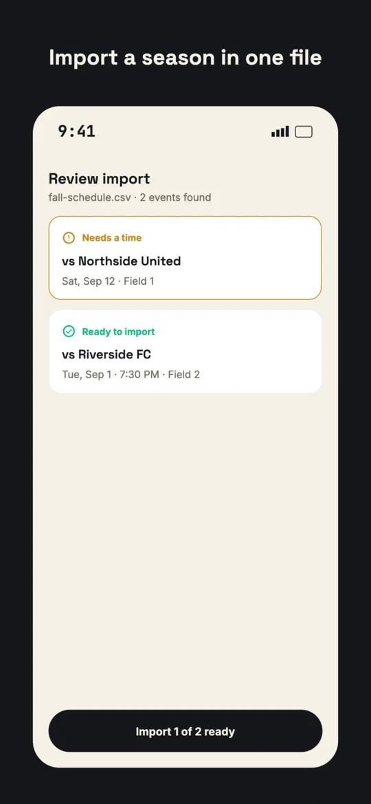 Spreadsheet import review screen with one event flagged for a missing time and one event ready to import.