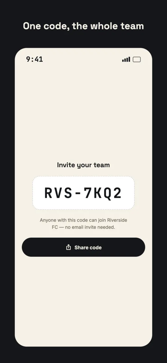 Team invite screen showing a single shareable join code.
