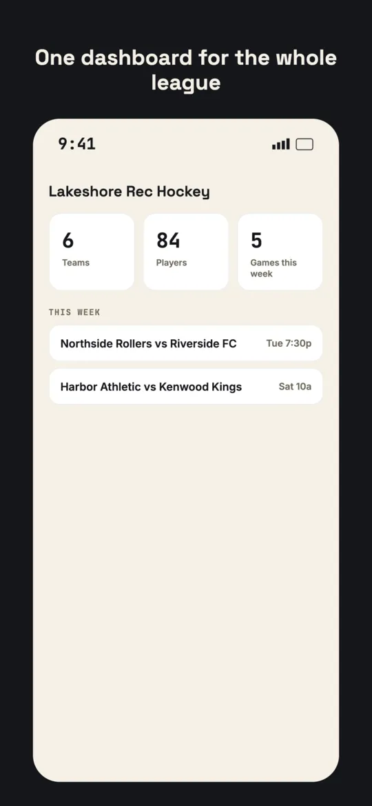 League dashboard showing team count, player count, and games scheduled this week.