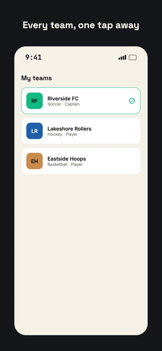 Team switcher listing three teams a user belongs to across different sports, with the active team marked.