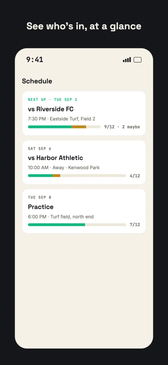 Team schedule showing RSVP counts for three upcoming events, with split in/maybe/unanswered bars and no reminder button.