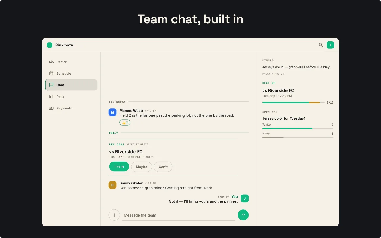 Rinkmate team chat with a pinned message and replies