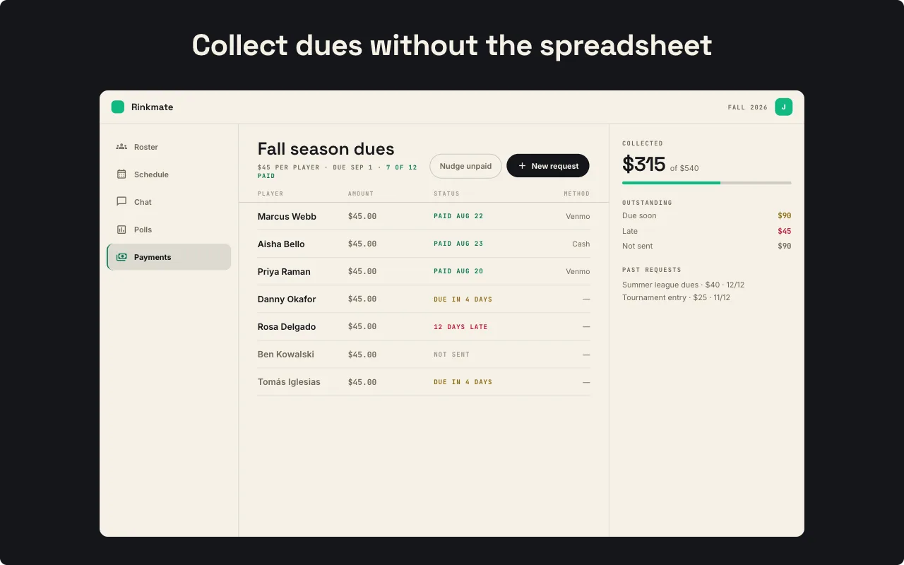 Rinkmate dues tracker showing who has paid and who still owes
