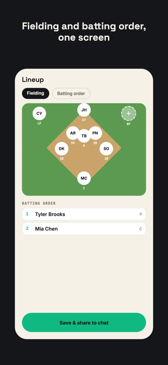 Baseball fielding positions on a diamond diagram with one open outfield slot, plus a batting order list below.