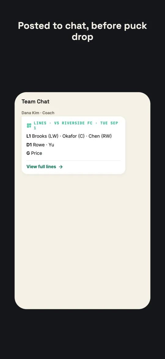 A lineup summary card posted in team chat, listing Line 1 forwards, the D-pair, and the goalie, with a link to view the full lineup.