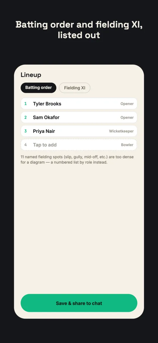 Cricket batting order list with openers, a wicketkeeper, and one open slot still to fill for a bowler.