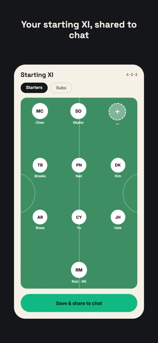 Field hockey starting eleven in a 4-3-3 formation on a turf pitch with shooting-circle arcs, one midfield slot open.
