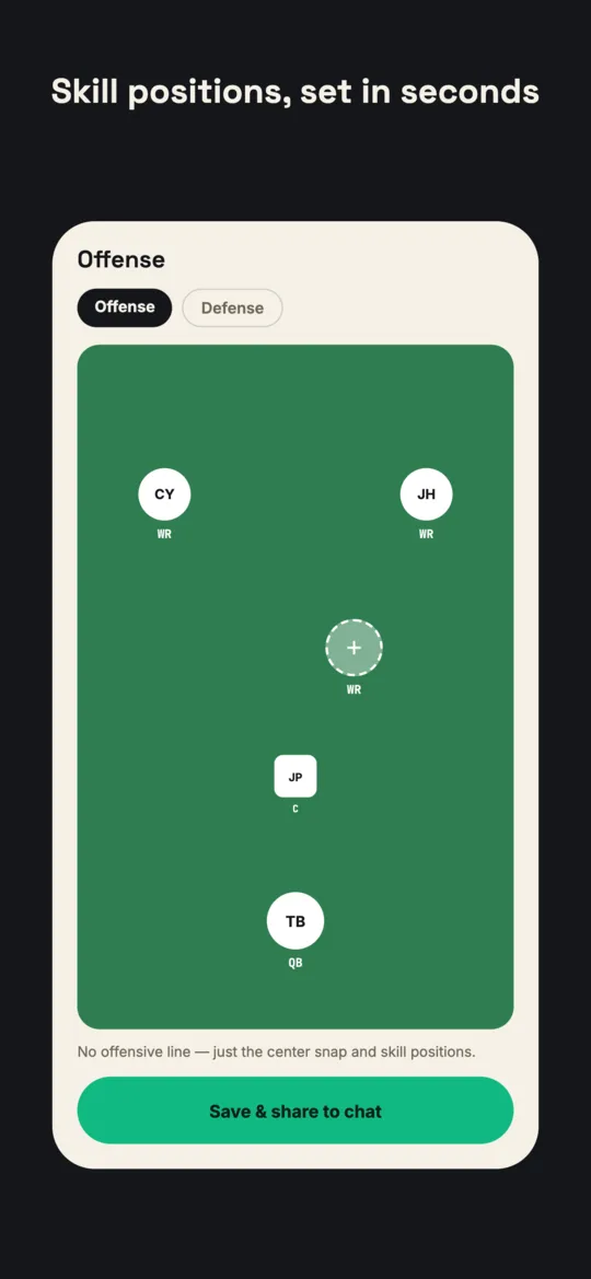 Flag football offense diagram showing center, QB, and two wide receivers filled in with one receiver slot open.