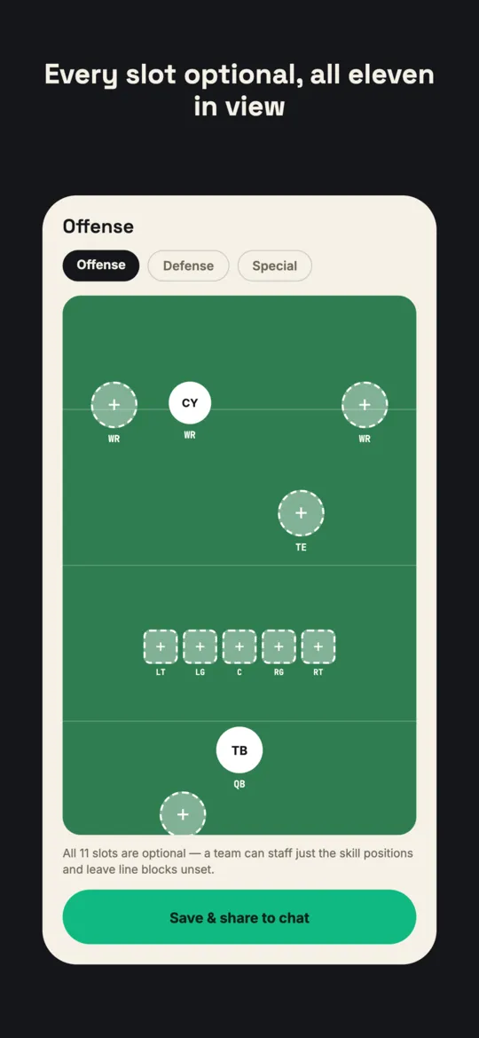 Football offense diagram with the quarterback and one receiver filled in and the rest of the 11 slots, including the full offensive line, left open.