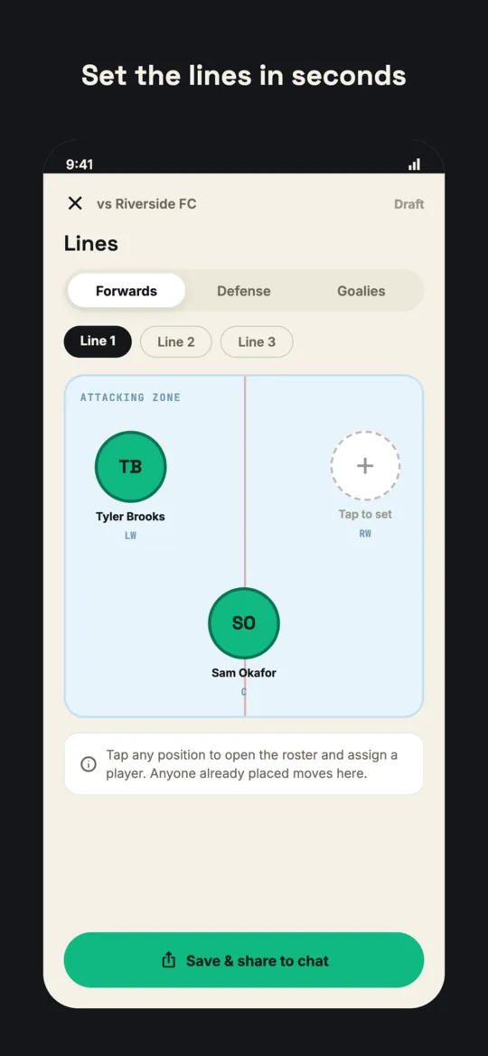 Mobile Lines builder for a hockey game showing Line 1 forwards — Tyler Brooks at left wing, Sam Okafor at center, and an open right wing slot.