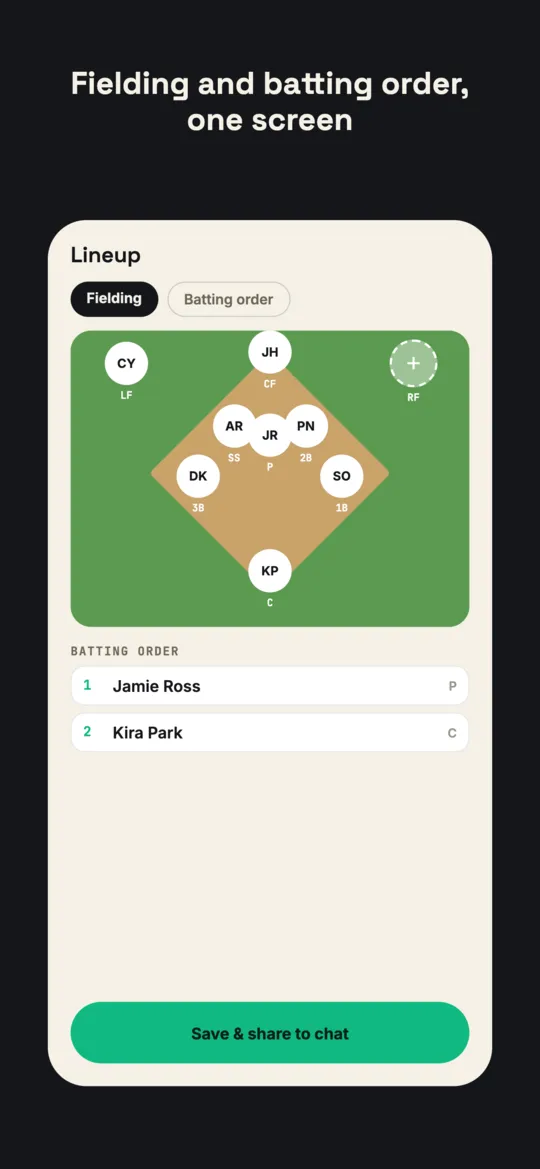 Softball fielding positions on a diamond diagram with one open outfield slot, plus a batting order list below.