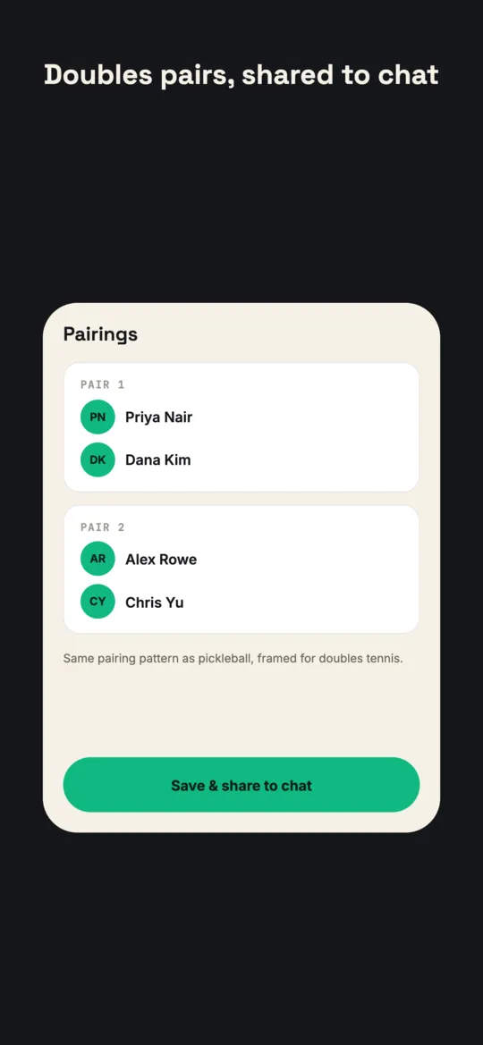 Doubles tennis pairings showing two full partner sets ready to post to chat.
