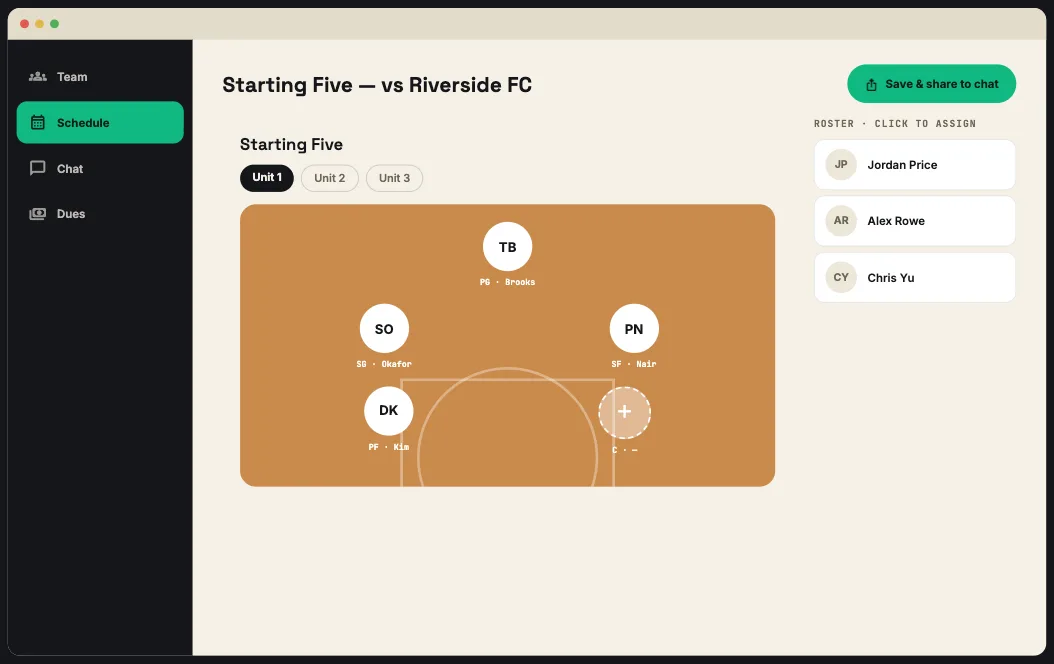 Desktop view of the basketball Lines builder showing the half-court diagram next to a clickable roster rail.