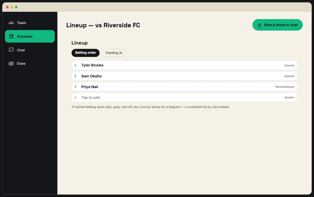 Desktop view of the cricket Lines builder showing the batting order list, widened for desktop.