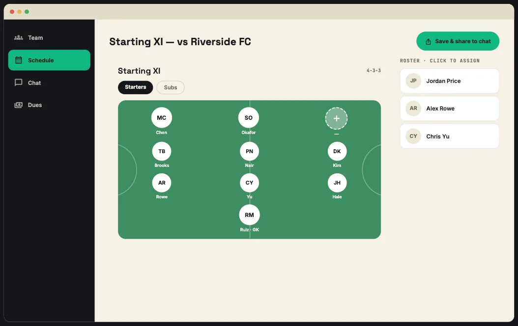 Desktop view of the field hockey Lines builder showing the formation on turf next to a clickable roster rail.