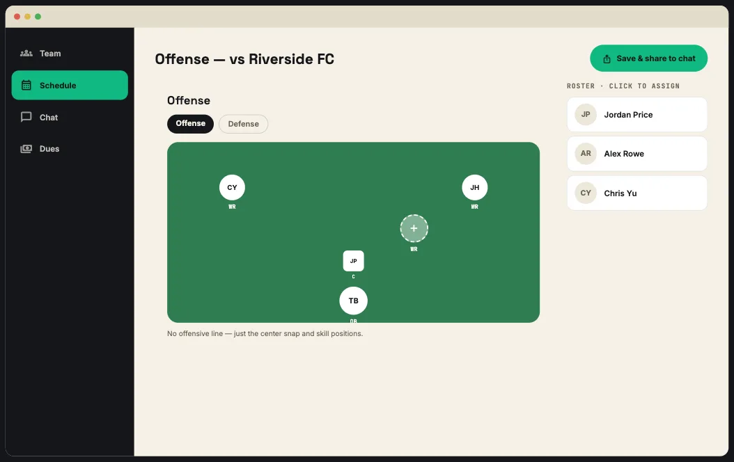 Desktop view of the flag football Lines builder showing the offense diagram next to a clickable roster rail.