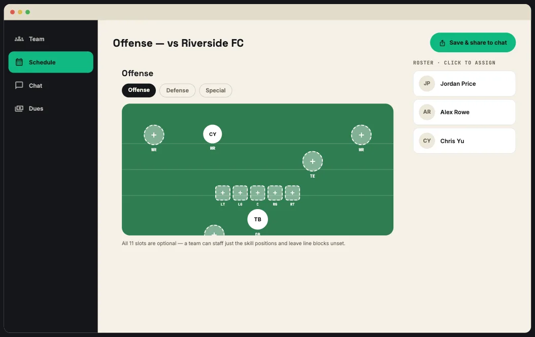 Desktop view of the football Lines builder showing the offensive formation next to a clickable roster rail.