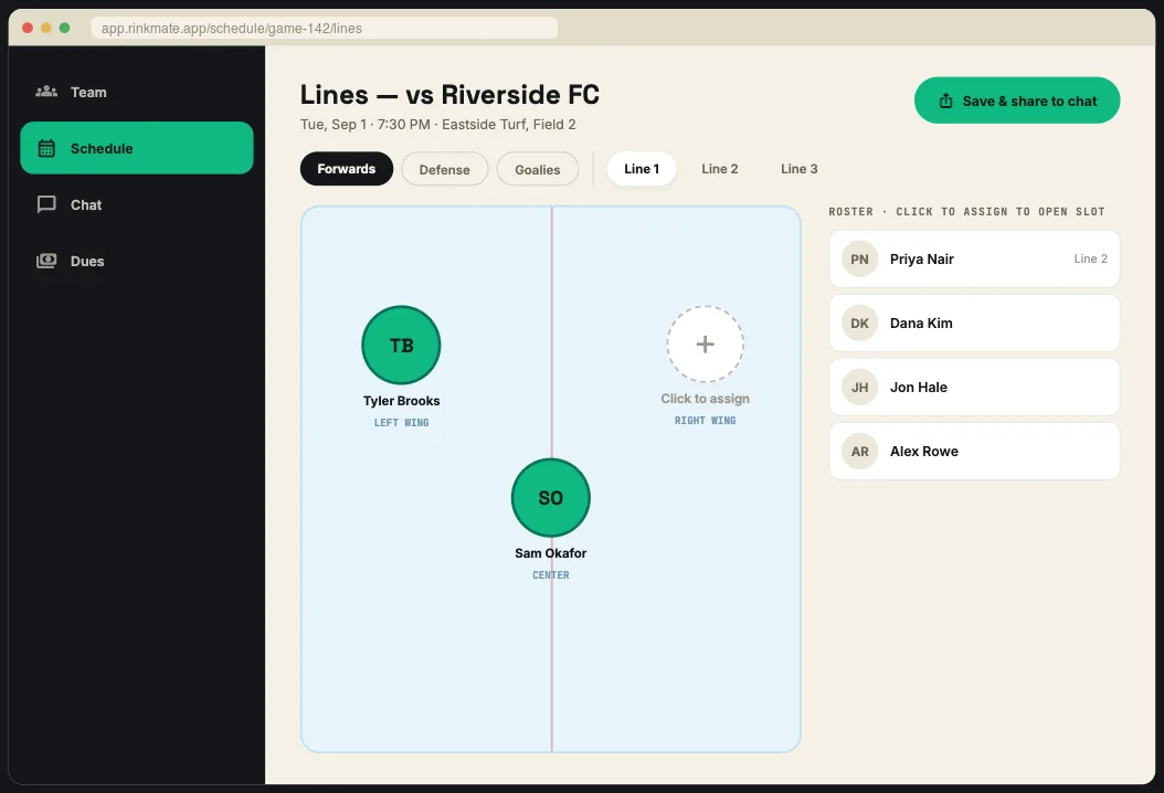 Desktop view of the Lines builder showing the hockey diagram next to a clickable roster rail, with Save & share to chat.