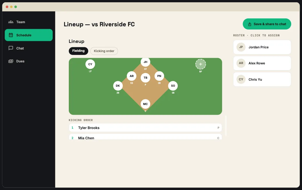 Desktop view of the kickball Lines builder showing the diamond diagram and kicking order next to a roster rail.