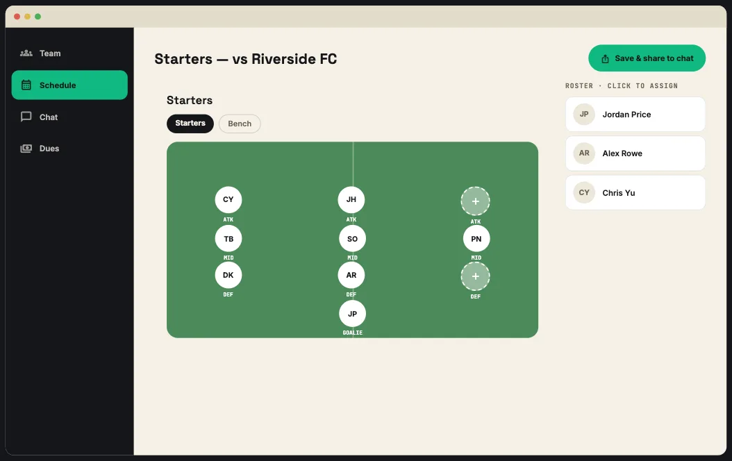 Desktop view of the lacrosse Lines builder showing attack, midfield, and defense next to a clickable roster rail.