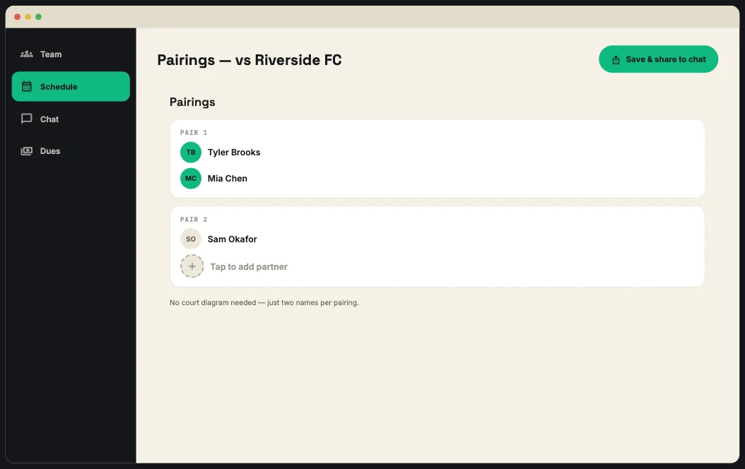 Desktop view of the pickleball Lines builder showing doubles pairings, widened for desktop.