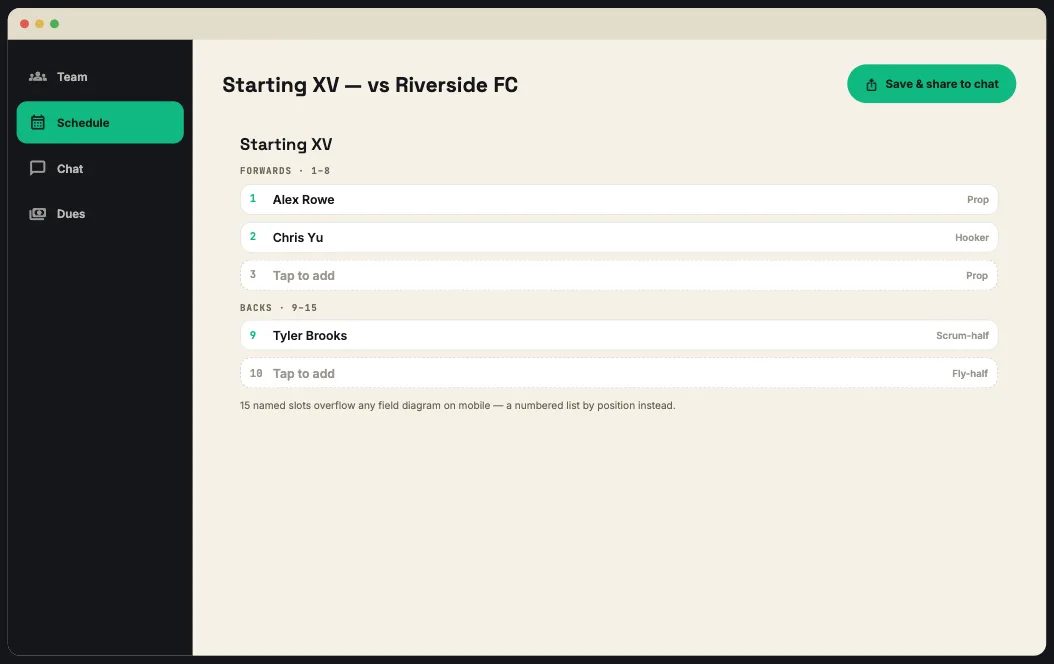 Desktop view of the rugby Lines builder showing the forwards and backs list, widened for desktop.