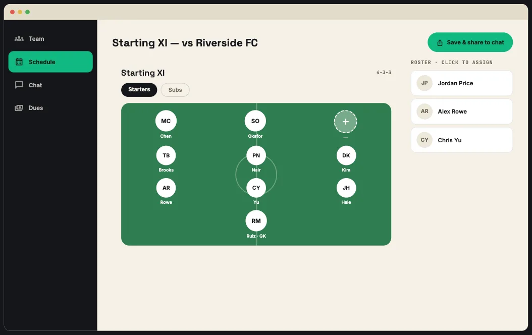 Desktop view of the soccer Lines builder showing the 4-3-3 formation next to a clickable roster rail.