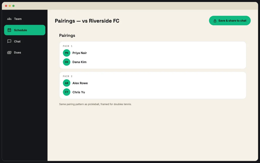Desktop view of the tennis Lines builder showing doubles pairings, widened for desktop.