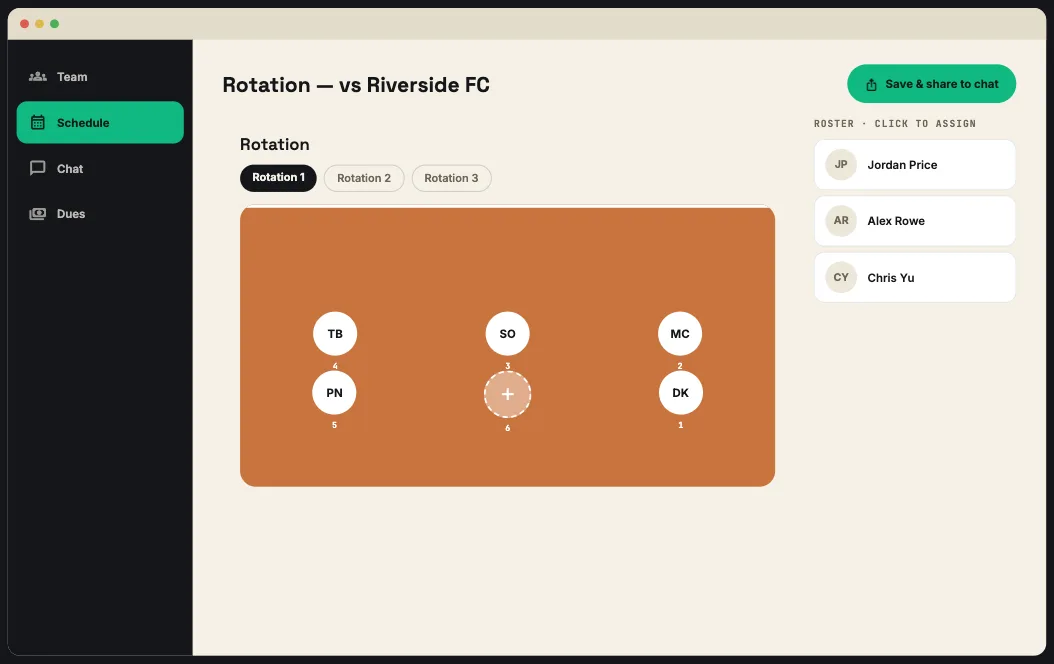 Desktop view of the volleyball Lines builder showing the six-player rotation next to a clickable roster rail.