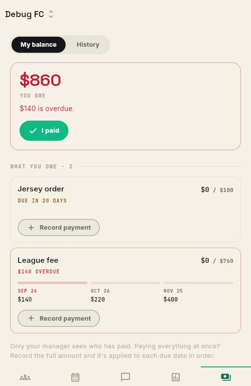 A player's My balance screen in Rinkmate: 860 dollars owed with 140 overdue, an I paid button, and a card for each request showing its installments.