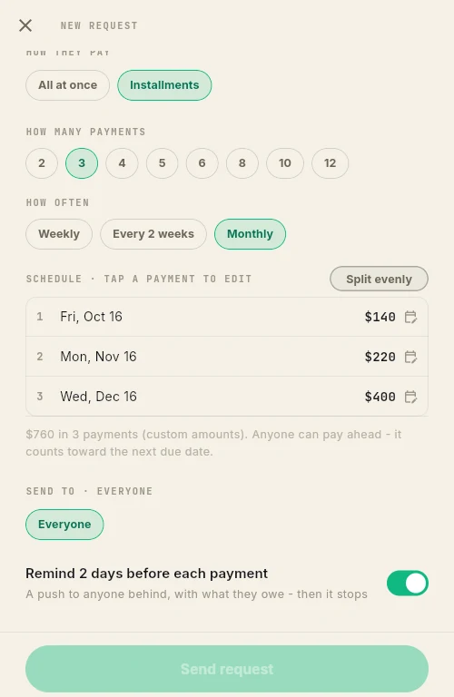 The installment plan editor on a phone: three payments of 140, 220 and 400 dollars.