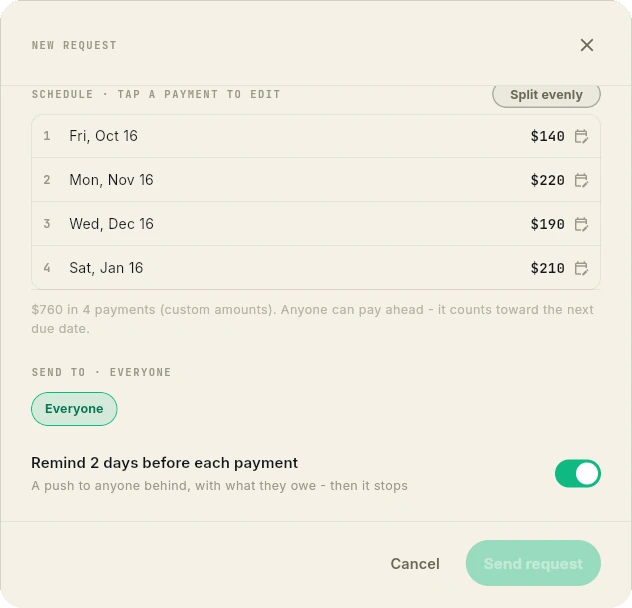 Setting up an installment request in Rinkmate: three payments of 140, 220 and 400 dollars on monthly dates, a Split evenly button, and a reminder toggle for two days before each payment.