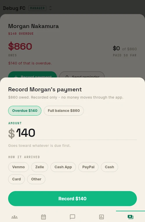 The record payment sheet on a phone with an overdue quick amount, an amount field and ways the money arrived.