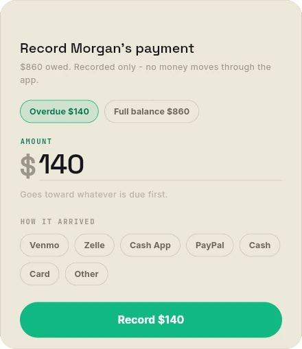The Rinkmate record payment sheet: quick amounts for the overdue balance or the full balance, an amount field, the note that no money moves through the app, and a row of ways the money arrived such as Venmo, Zelle and cash.
